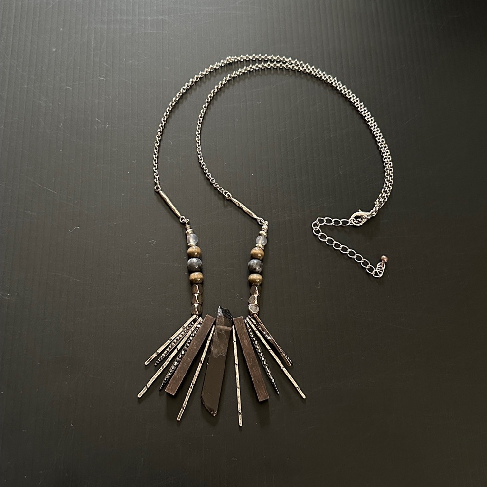 ARTISAN. Silver, Navy and Brown Beaded Necklace with Fringe